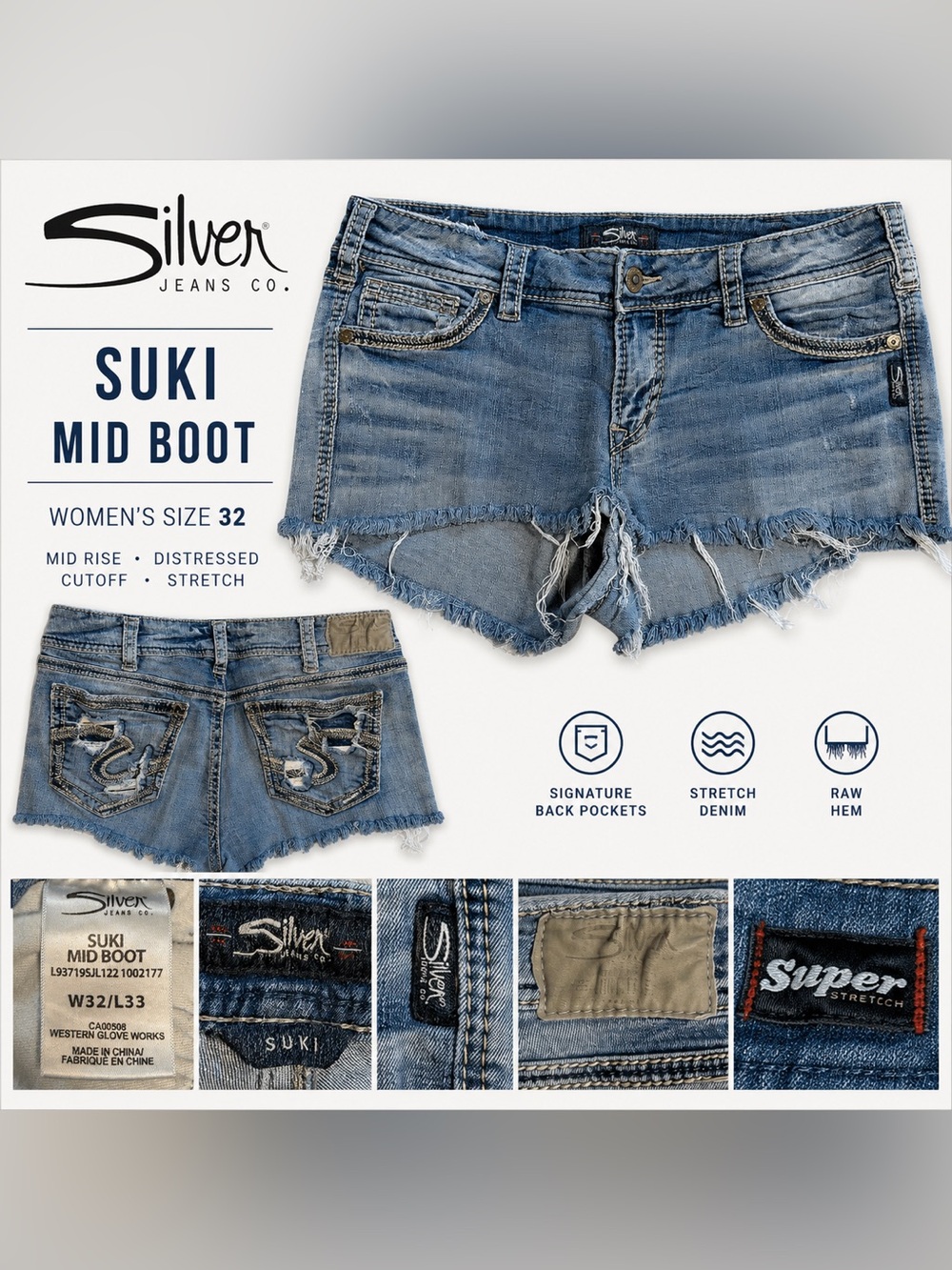 Silver Jeans Suki Mid Rise Distressed Cutoff Denim Shorts Women’s Size 32